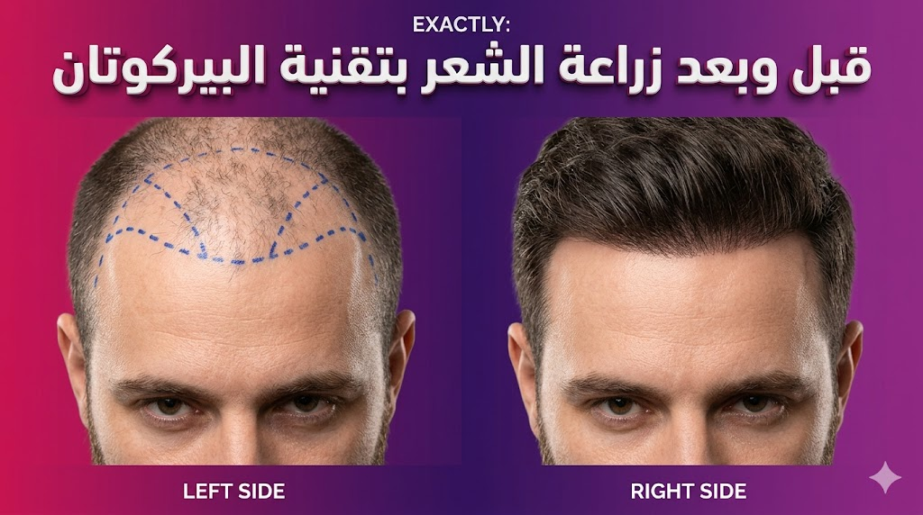  مقارنة قبل وبعد تظهر نتائج كثافة الشعر الطبيعية بعد إجراء زراعة الشعر بتقنية البيركوتان.