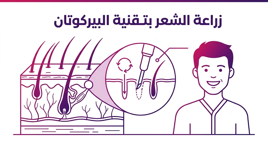 مخطط تشريحي علمي يوضح كيفية فتح القنوات بدقة متناهية أثناء زراعة الشعر بتقنية البيركوتان.