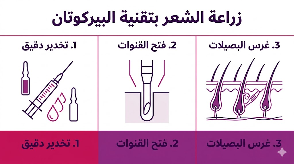 إنفوجرافيك طبي يوضح مراحل زراعة الشعر بتقنية البيركوتان من التخدير إلى غرس البصيلات.