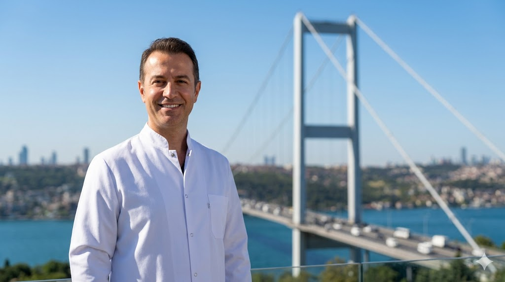  طبيب مختص في زراعة الشعر بتقنية البيركوتان يقف أمام جسر البوسفور في اسطنبول بتركيا.