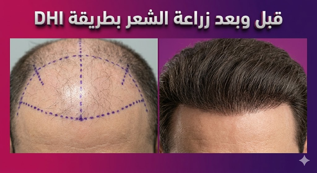 مقارنة قبل وبعد تظهر نتائج كثافة الشعر المذهلة بعد إجراء زراعة الشعر بطريقة DHI مع توضيح علامات التخطيط الطبي.