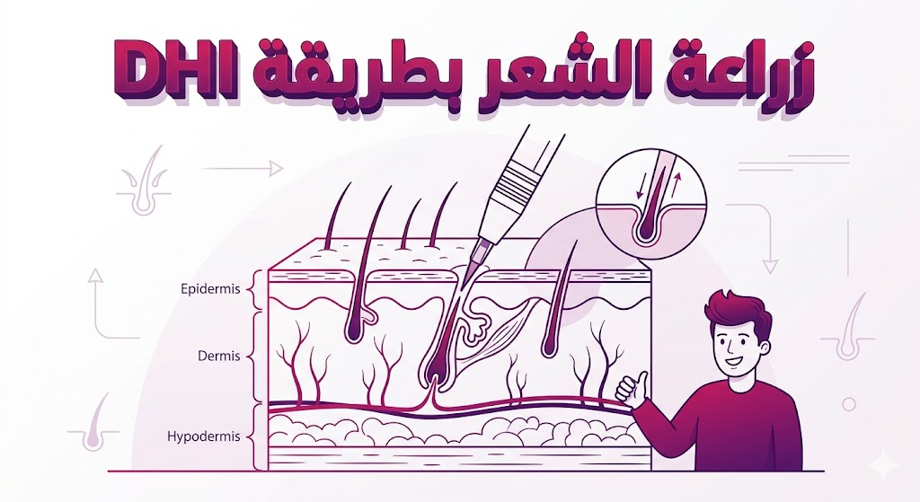إنفوجرافيك طبي يوضح العلم وراء زراعة الشعر بطريقة DHI وكيفية عمل قلم تشوي في غرس البصيلات بدقة.