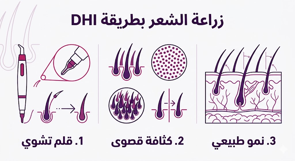  بوستر إنفوجرافيك علمي يلخص أهم 3 مميزات لتقنية زراعة الشعر بطريقة DHI وهي قلم تشوي والكثافة والنمو الطبيعي.