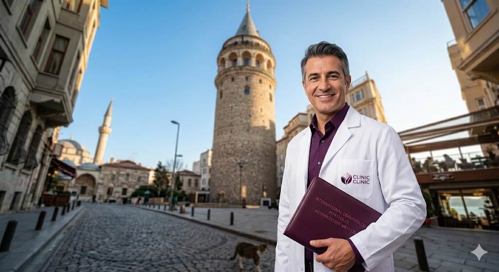 طبيب متخصص في زراعة الشعر بطريقة DHI يقف بثقة أمام برج غلاطة الشهير في اسطنبول بتركيا.