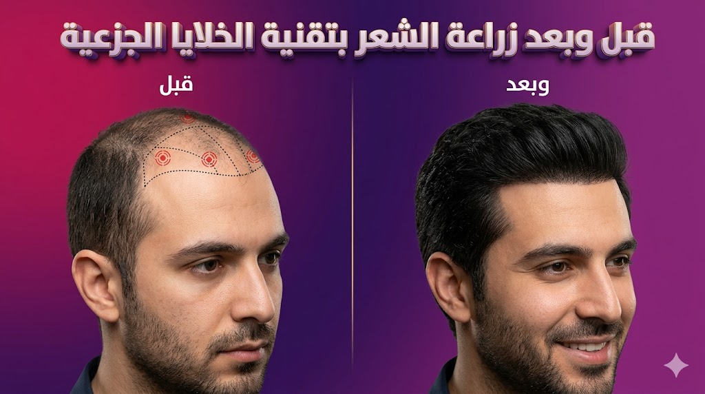  مقارنة واقعية قبل وبعد توضح نتائج زراعة الشعر بتقنية الخلايا الجذعية مع ظهور كثافة شعر كاملة وتحديد للمناطق المعالجة.