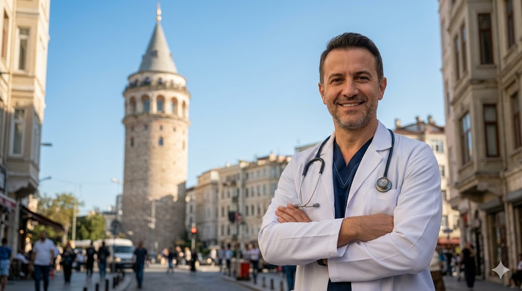  طبيب متخصص في زراعة الشعر بتقنية الخلايا الجزعية يقف أمام برج غالاتا التاريخي في مدينة إسطنبول بتركيا.
