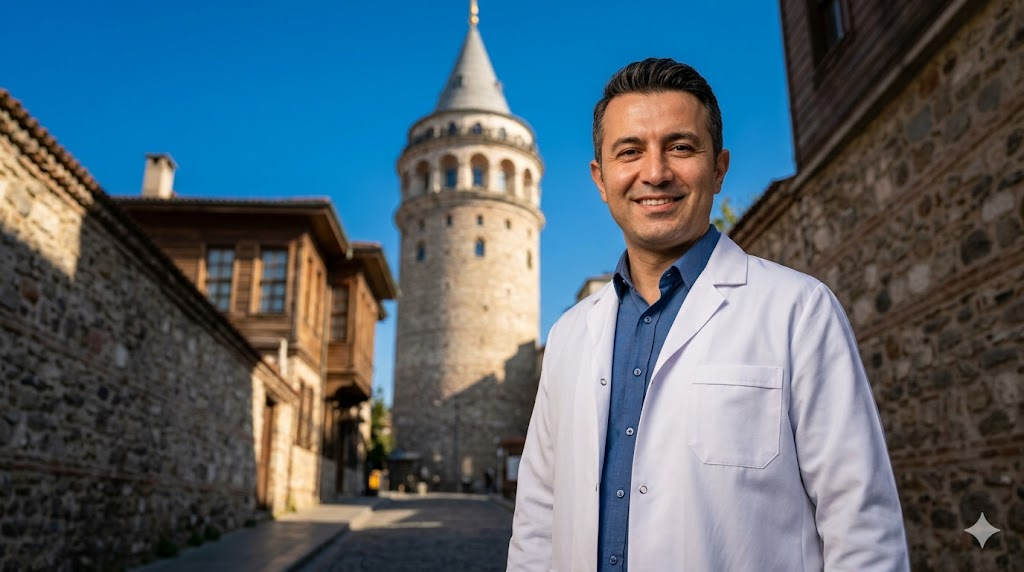  طبيب متخصص يقف أمام برج غالاتا في اسطنبول يمثل الجودة الطبية المرتبطة بموضوع تكاليف زراعة الشعر في تركيا.