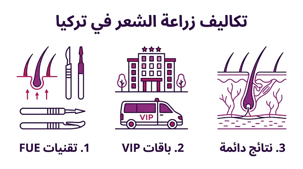 إنفوجرافيك مقسم يوضح العوامل المؤثرة في تكاليف زراعة الشعر في تركيا من تقنيات وخدمات ونتائج.