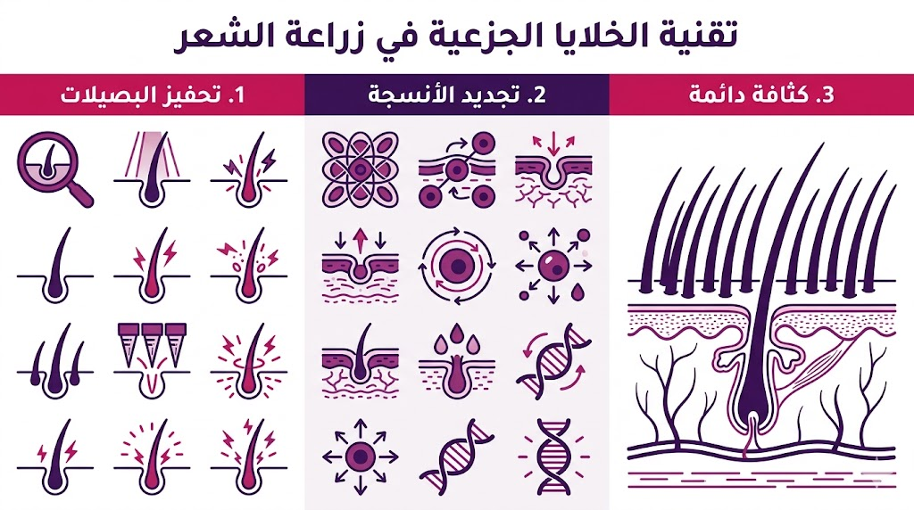 بوستر إنفوجرافيك تعليمي يلخص مراحل وفوائد تقنية الخلايا الجزعية في زراعة الشعر.