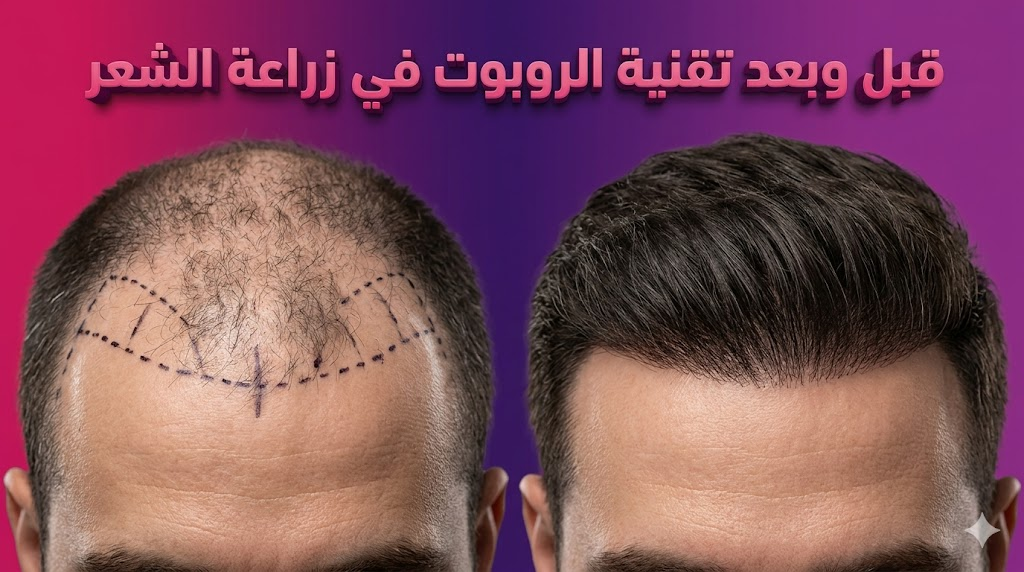 مقارنة قبل وبعد تقنية الروبوت في زراعة الشعر تظهر كثافة الشعر المثالية والنتائج الطبيعية.