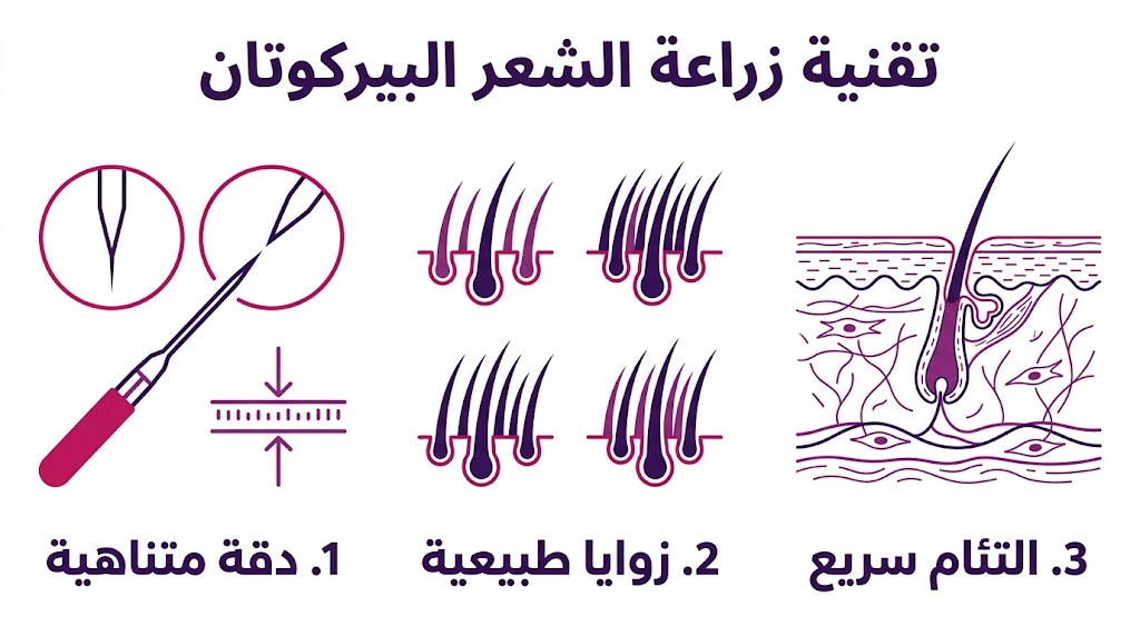 بوستر إنفوجرافيك يوضح المزايا الثلاث الرئيسية لـ تقنية زراعة الشعر البيركوتان من حيث الدقة والزوايا والتعافي.