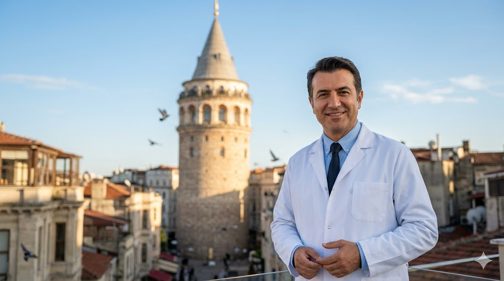طبيب مختص في تقنية زراعة الشعر البيركوتان يقف أمام برج غالاتا التاريخي في اسطنبول.