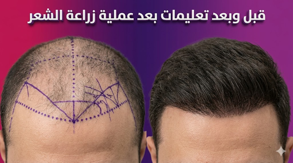 مقارنة قبل وبعد تظهر فروة الرأس مع التخطيط الطبي والنتائج النهائية المذهلة لالتزام المريض بـ تعليمات بعد عملية زراعة الشعر.