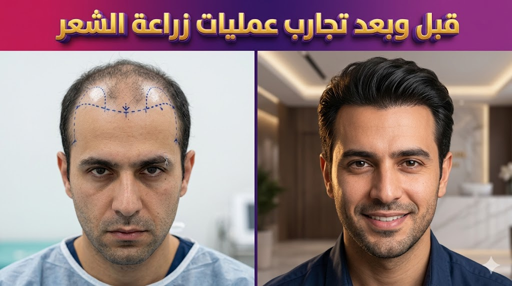 صورة واقعية توضح الفرق قبل وبعد تجارب عمليات زراعة الشعر مع تخطيط طبي دقيق ونتائج كثيفة.