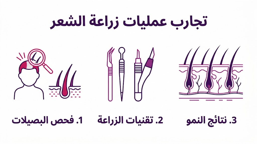 بوستر إنفوجرافيك يلخص مراحل تجارب عمليات زراعة الشعر من التشخيص وحتى نمو الشعر النهائي.