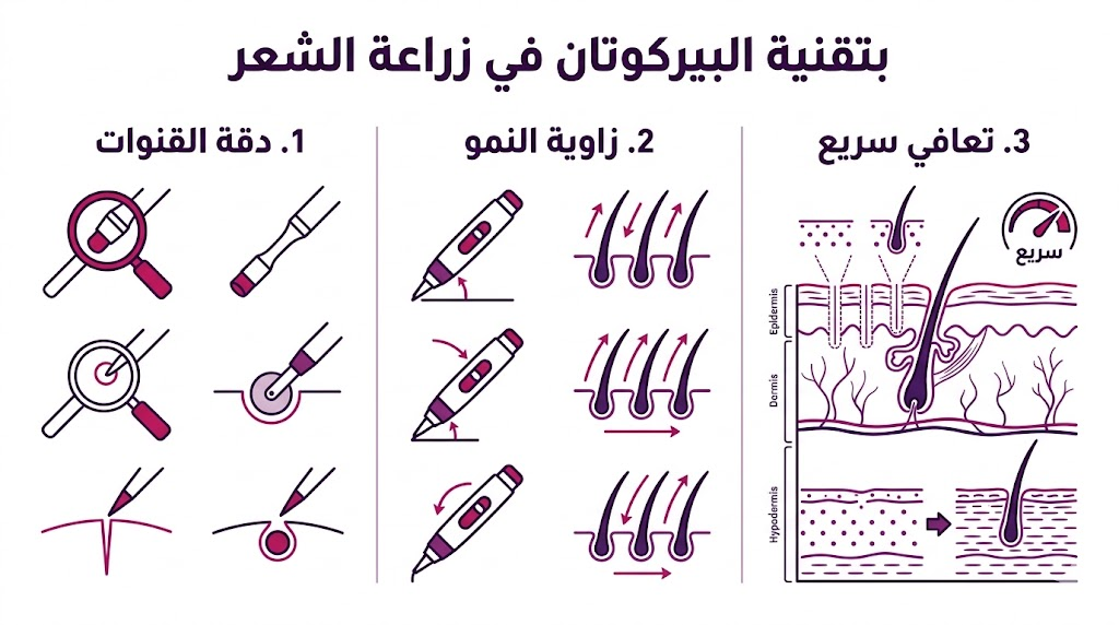 إنفوجرافيك مقسم لثلاثة أجزاء يشرح دقة القنوات وزاوية النمو والتعافي في زراعة الشعر بتقنية البيركوتان.