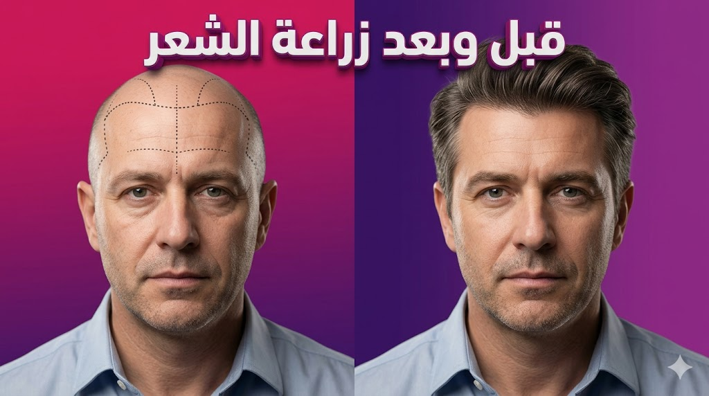 صورة قبل وبعد توضح كيف زراعة الشعر تجعل الرجال الصلع أكثر جاذبية وأصغر سناً مع تحديد طبي لمناطق الزرع.