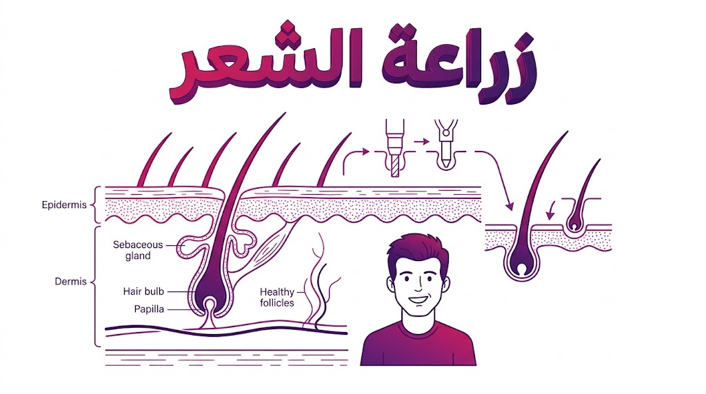  مخطط تشريحي يوضح تقنيات زراعة الشعر تجعل الرجال الصلع أكثر جاذبية وأصغر سناً عبر زراعة البصيلات.