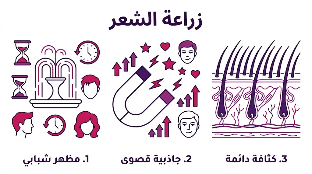  إنفوجرافيك طبي يشرح مميزات تجعل زراعة الشعر تجعل الرجال الصلع أكثر جاذبية وأصغر سناً بأسلوب عصري.