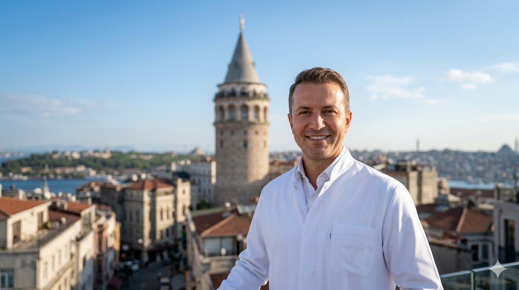 طبيب متخصص في تركيا يشرح كيف أن زراعة الشعر تجعل الرجال الصلع أكثر جاذبية وأصغر سناً مع خلفية لبرج غالاتا.