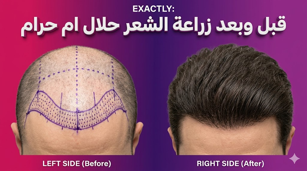  مقارنة قبل وبعد توضح نتائج العملية وتجيب على تساؤل زراعة الشعر حلال ام حرام من خلال المظهر الطبيعي.