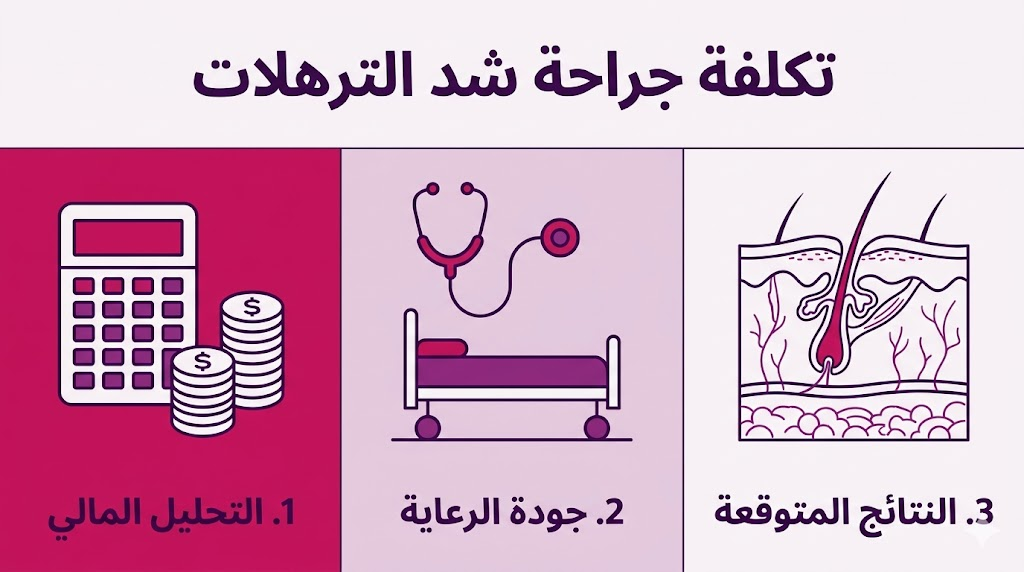 مخطط إنفوجرافيك مقسم لثلاثة أقسام يشرح الجوانب المالية والطبية المتعلقة بـ تكلفة جراحة شد الترهلات.