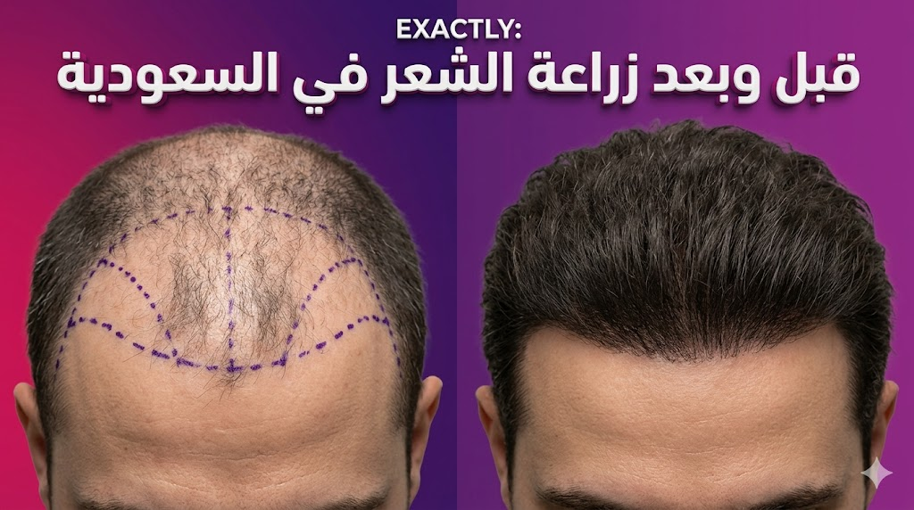 مقارنة قبل وبعد تظهر نتائج تكثيف الشعر وتحديد الخط الأمامي ضمن عمليات زراعة الشعر في السعودية.