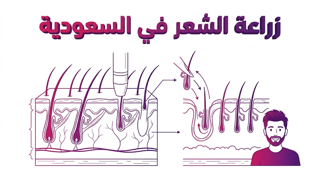 إنفوجرافيك تعليمي يشرح تشريح بصيلات الشعر وكيفية غرسها في فروة الرأس أثناء عملية زراعة الشعر في السعودية.