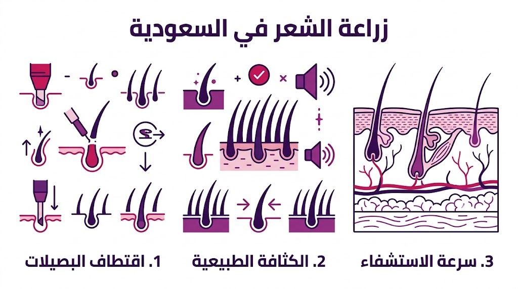 بوستر إنفوجرافيك يوضح مراحل اقتطاف البصيلات وضمان الكثافة وسرعة الشفاء في زراعة الشعر في السعودية.