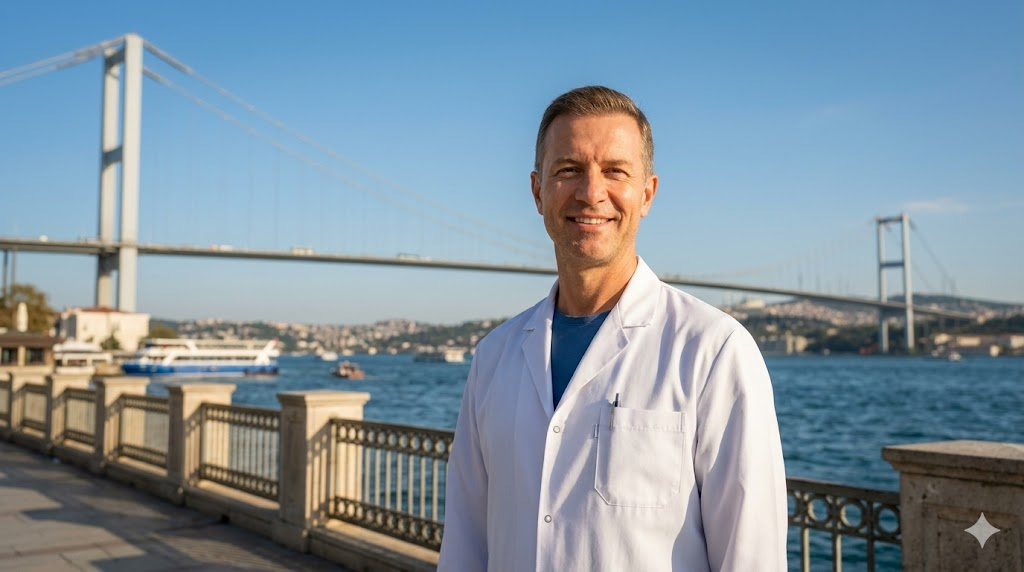  طبيب مختص يقف بثقة أمام معلم سياحي، مما يرمز إلى الجودة العالمية والخبرة في عمليات زراعة الشعر في السعودية والمنطقة.