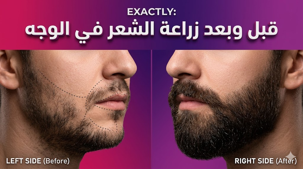 مقارنة قبل وبعد توضح نتائج زراعة الشعر في الوجه وتكثيف اللحية والشارب بشكل طبيعي.