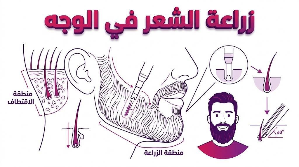 مخطط طبي يوضح الجوانب العلمية والتشريحية لعملية زراعة الشعر في الوجه وتوزيع البصيلات.
