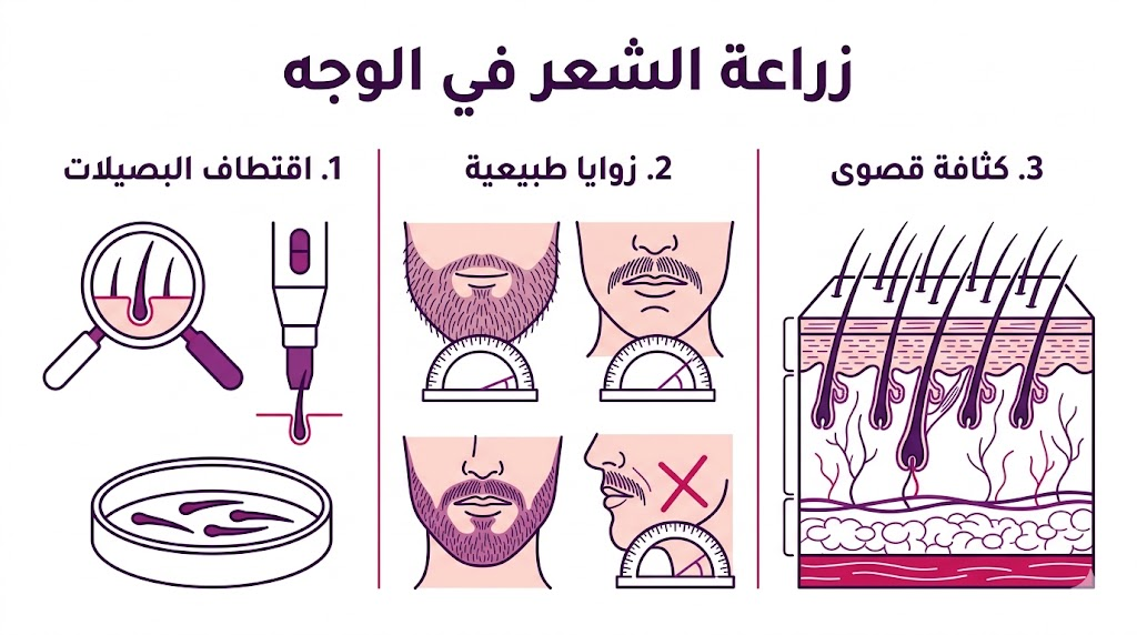  إنفوجرافيك تعليمي يشرح مراحل زراعة الشعر في الوجه من الاقتطاف حتى تحقيق الكثافة.