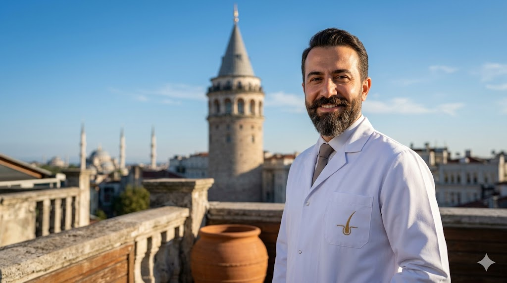  طبيب مختص في زراعة الشعر في الوجه يقف أمام برج غالاتا في إسطنبول، تركيا.