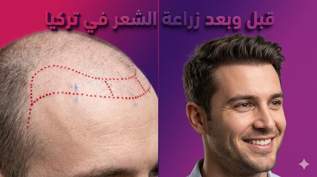 صورة مقارنة "قبل وبعد" توضح نتائج زراعة الشعر في تركيا مع تحديد خط الشعر والكثافة النهائية.