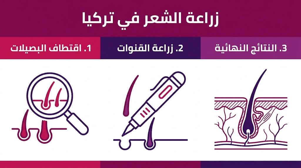  إنفوجرافيك تعليمي يشرح مراحل عملية زراعة الشعر في تركيا من الاقتطاف حتى النتائج.