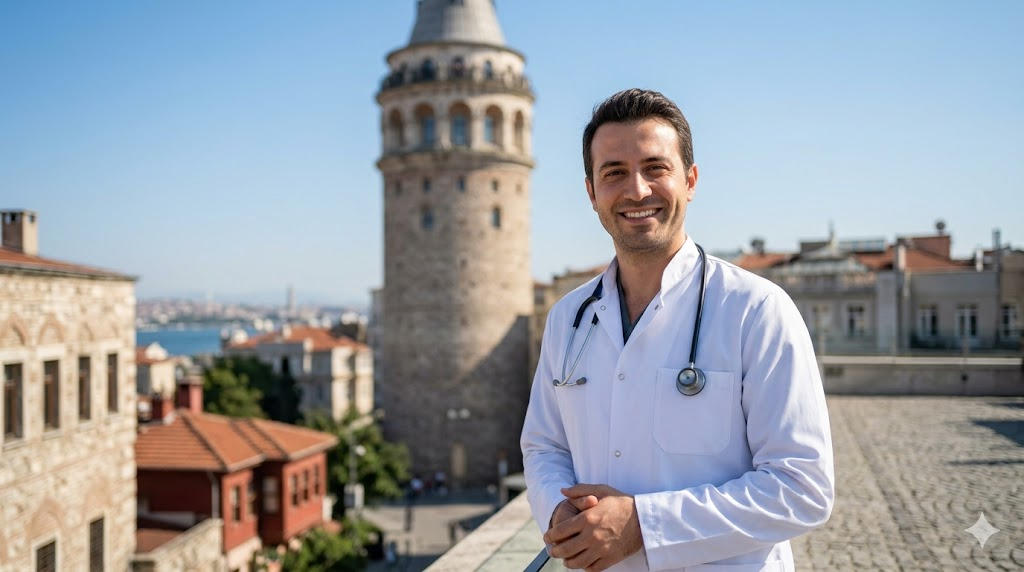 طبيب خبير في زراعة الشعر في تركيا يقف أمام برج غالاتا التاريخي في إسطنبول.