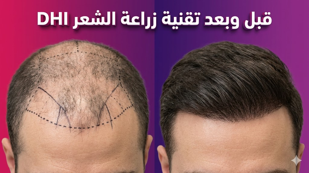 مقارنة قبل وبعد تقنية زراعة الشعر DHI تظهر تخطيط فروة الرأس والنتائج النهائية للكثافة الطبيعية.