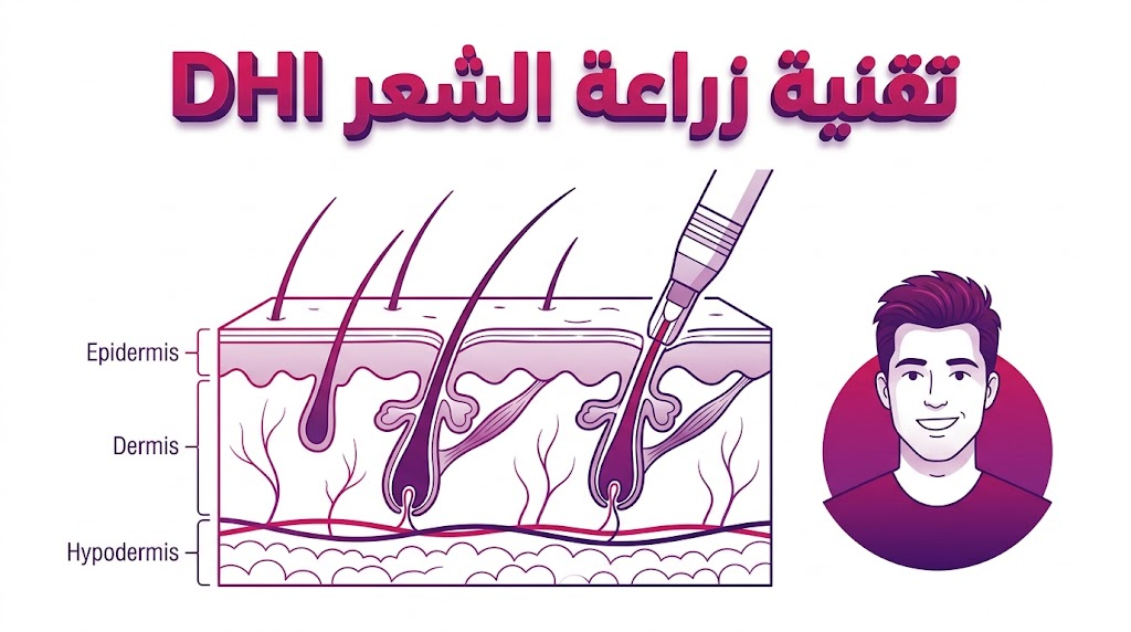 مخطط طبي تشريحي يوضح آلية عمل أقلام تشوي في تقنية زراعة الشعر DHI وتثبيت البصيلات.