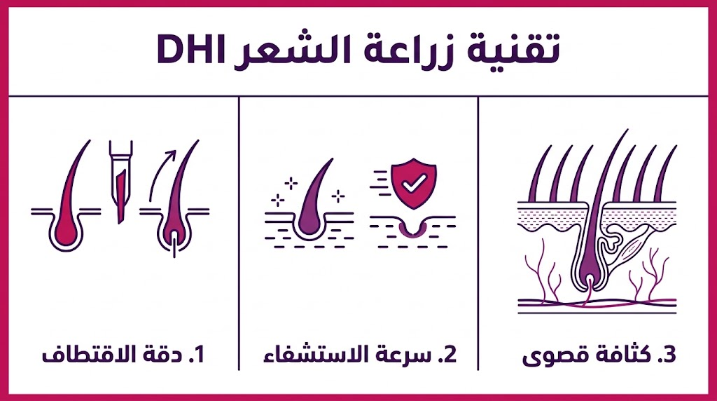  إنفوجرافيك تعليمي لتقنية زراعة الشعر DHI يوضح مراحل دقة الاقتطاف وسرعة الشفاء وكثافة النتائج.