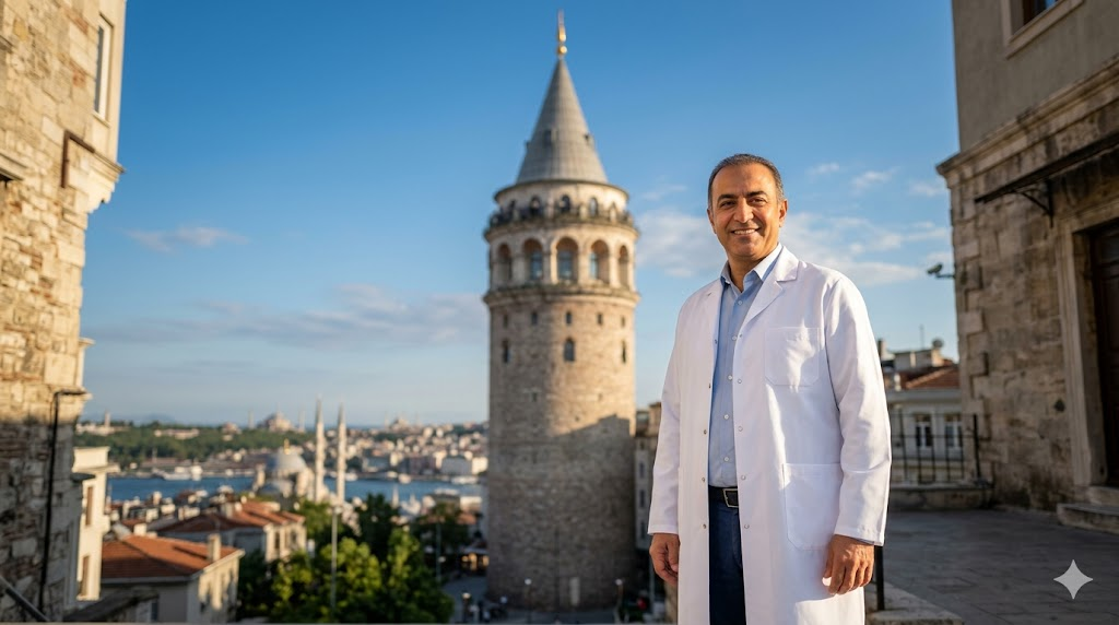 طبيب متخصص في تقنية زراعة الشعر DHI يقف أمام برج غالاتا في مدينة إسطنبول بتركيا.