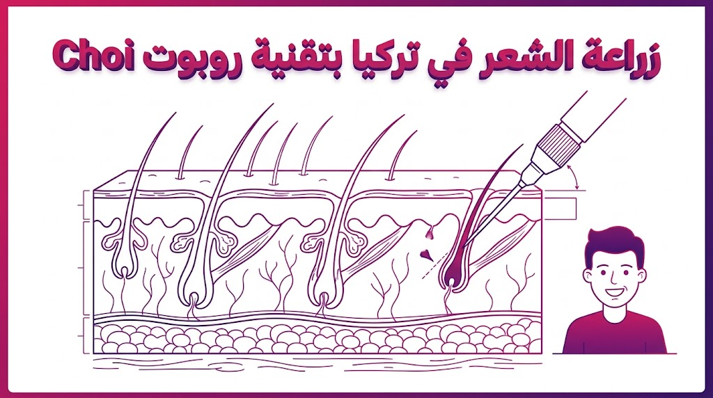  إنفوجرافيك تعليمي يوضح الآلية التشريحية الدقيقة لغرس البصيلات أثناء زراعة الشعر في تركيا بتقنية روبوت Choi.