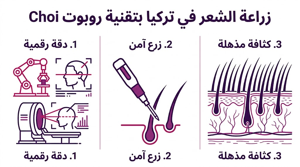  ملصق إنفوجرافيك طبي مقسم لثلاثة أقسام يشرح مزايا الدقة والأمان والكثافة في زراعة الشعر في تركيا بتقنية روبوت Choi.