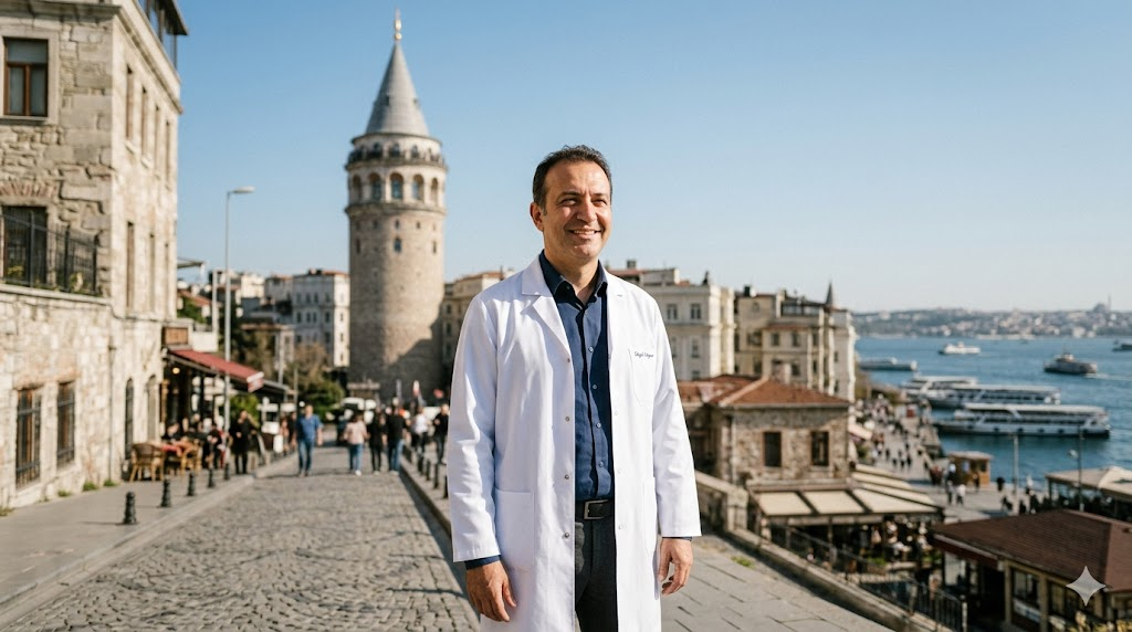 طبيب خبير يبتسم أمام برج غالاتا في إسطنبول، يرمز لنجاح عمليات زراعة الشعر في تركيا بتقنية روبوت Choi.