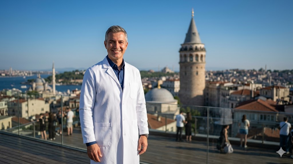 جراح تجميل خبير يقف أمام برج غالاتا في اسطنبول، يمثل وجهة تجربتي مع شد العيون بالخيوط في تركيا.