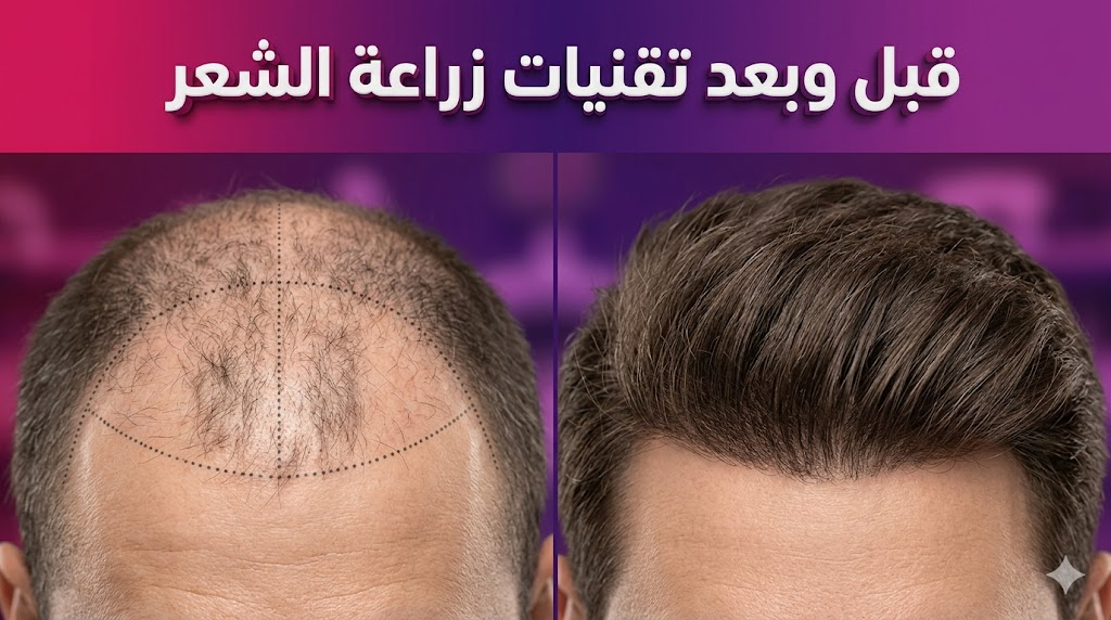 صورة قبل وبعد توضح نتائج تقنيات زراعة الشعر مع تخطيط طبي دقيق وكثافة شعر نهائية مثالية.