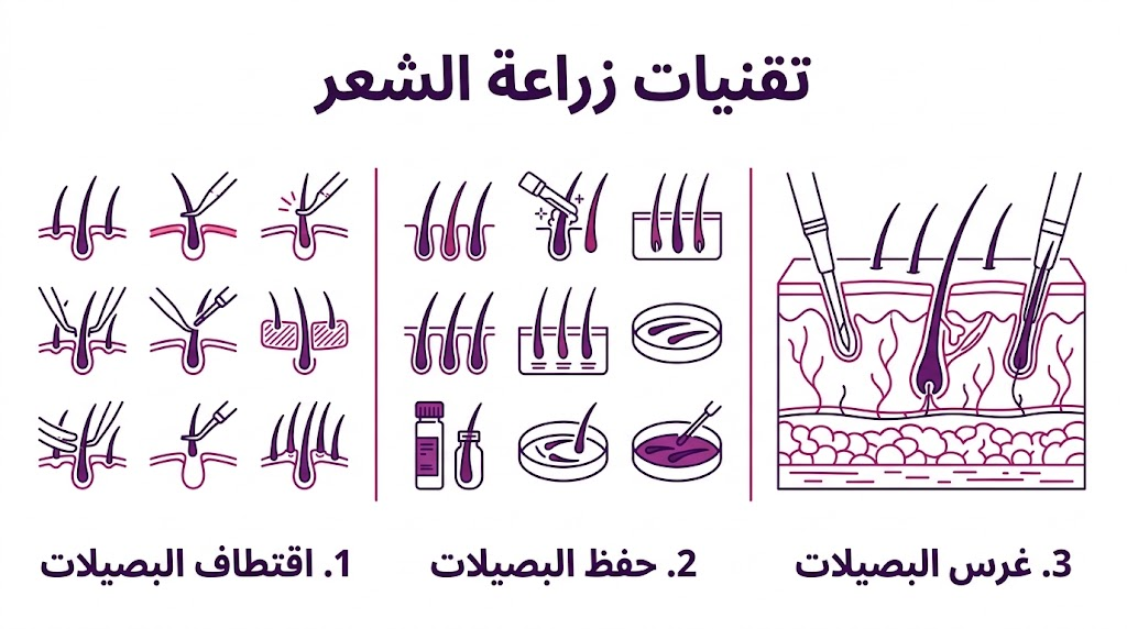 بوستر تعليمي يوضح الخطوات الثلاث الأساسية ضمن تقنيات زراعة الشعر: الاقتطاف، الحفظ، والغرس.