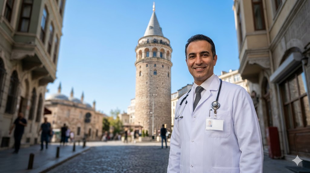 طبيب متخصص في تقنيات زراعة الشعر يقف أمام برج غالاتا في اسطنبول بابتسامة واثقة تعكس جودة الخدمات الطبية.