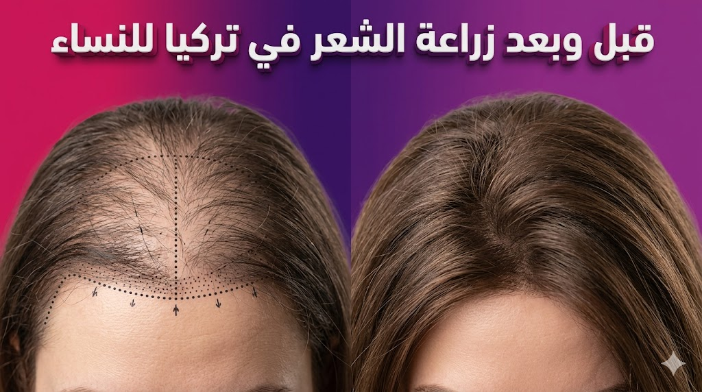 مقارنة قبل وبعد توضح نتائج زراعة الشعر في تركيا للنساء مع توزيع كثيف للشعر.