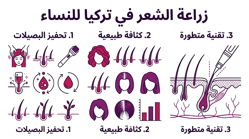  بوستر إنفوجرافيك يوضح خطوات وفوائد زراعة الشعر في تركيا للنساء بتقنيات متطورة.